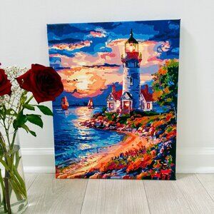Sunset Lighthouse Painting - Handmade Coastal Wall Art 20 x 16